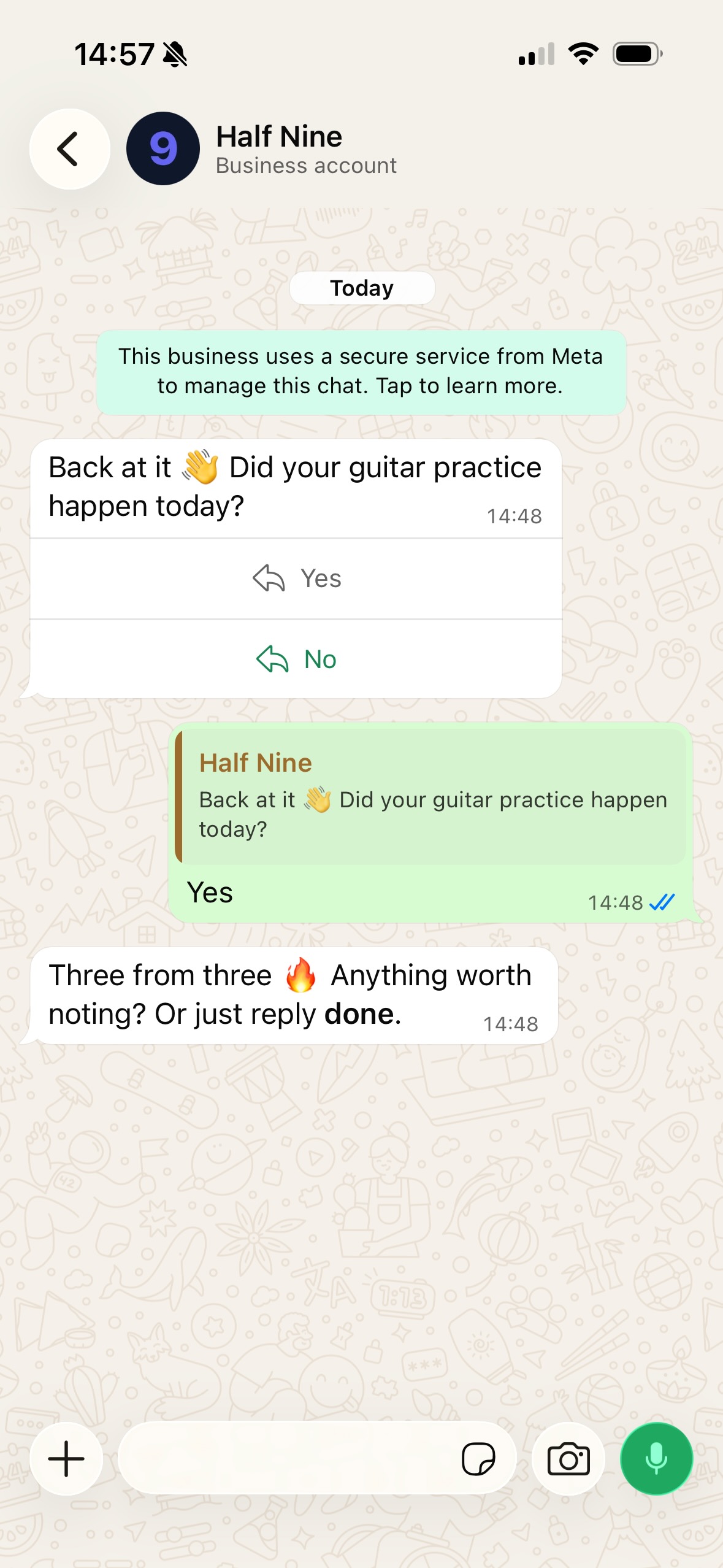 Half Nine WhatsApp habit tracker showing nightly check-in with guitar practice and three from three completion