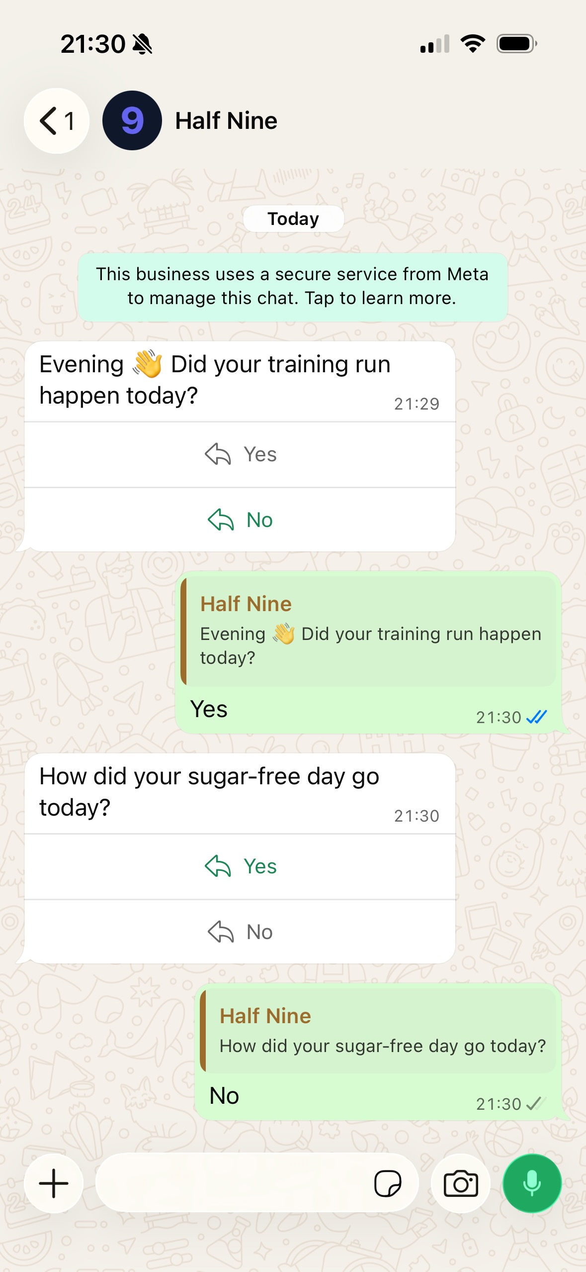Half Nine workout accountability check-in on WhatsApp showing training run and sugar-free day questions